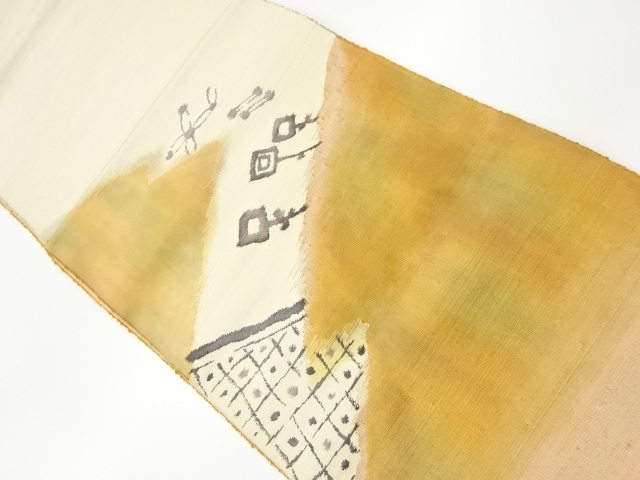 手織り紬抽象幾何学模様織出し名古屋帯